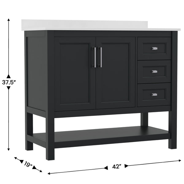 English Elm Vega Bathroom Vanity with Carrara Marble Sink, Soft-Close Storage, and Elegant Open Shelf Design Black Frame/Nickel Hardware 42" FS-VEGA42-BK-GG