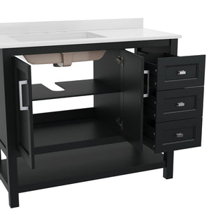 English Elm Vega Bathroom Vanity with Carrara Marble Sink, Soft-Close Storage, and Elegant Open Shelf Design Black Frame/Nickel Hardware 42" FS-VEGA42-BK-GG