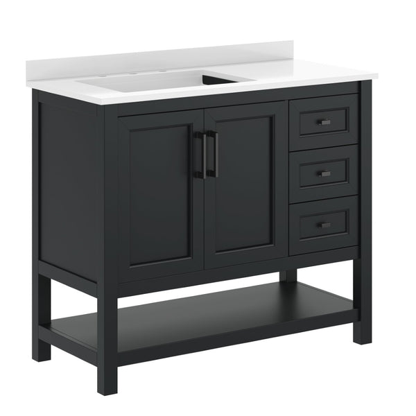 English Elm Vega Bathroom Vanity with Carrara Marble Sink, Soft-Close Storage, and Elegant Open Shelf Design Black Frame/Black Hardware 42" FS-VEGA42-BK-HDBLK-GG