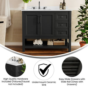 English Elm Vega Bathroom Vanity with Carrara Marble Sink, Soft-Close Storage, and Elegant Open Shelf Design Black Frame/Black Hardware 42" FS-VEGA42-BK-HDBLK-GG