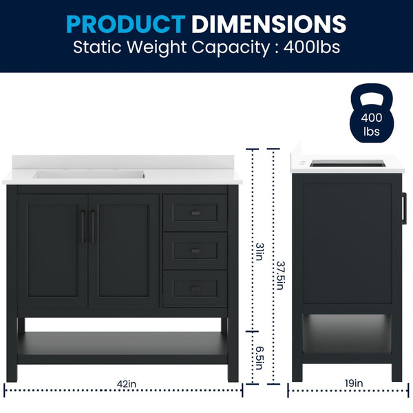 English Elm Vega Bathroom Vanity with Carrara Marble Sink, Soft-Close Storage, and Elegant Open Shelf Design Black Frame/Black Hardware 42" FS-VEGA42-BK-HDBLK-GG