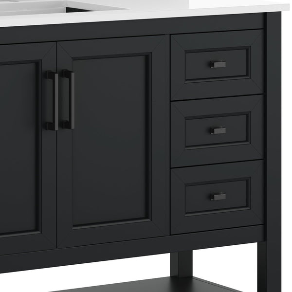 English Elm Vega Bathroom Vanity with Carrara Marble Sink, Soft-Close Storage, and Elegant Open Shelf Design Black Frame/Black Hardware 42" FS-VEGA42-BK-HDBLK-GG