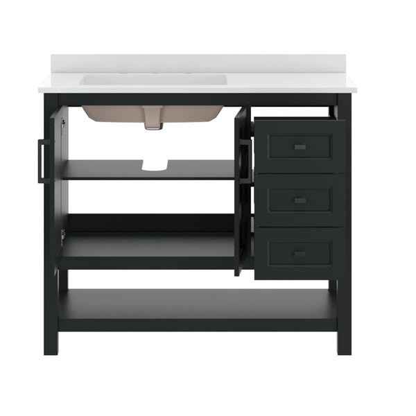 English Elm Vega Bathroom Vanity with Carrara Marble Sink, Soft-Close Storage, and Elegant Open Shelf Design Black Frame/Black Hardware 42" FS-VEGA42-BK-HDBLK-GG