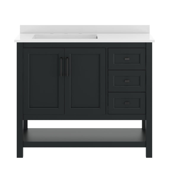 English Elm Vega Bathroom Vanity with Carrara Marble Sink, Soft-Close Storage, and Elegant Open Shelf Design Black Frame/Black Hardware 42" FS-VEGA42-BK-HDBLK-GG