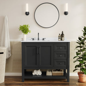 English Elm Vega Bathroom Vanity with Carrara Marble Sink, Soft-Close Storage, and Elegant Open Shelf Design Black Frame/Black Hardware 42" FS-VEGA42-BK-HDBLK-GG