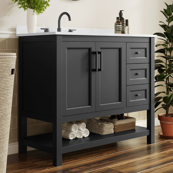English Elm Vega Bathroom Vanity with Carrara Marble Sink, Soft-Close Storage, and Elegant Open Shelf Design Black Frame/Black Hardware 42" FS-VEGA42-BK-HDBLK-GG