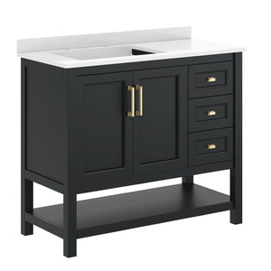 English Elm Vega Bathroom Vanity with Carrara Marble Sink, Soft-Close Storage, and Elegant Open Shelf Design Black Frame/Gold Hardware 42" FS-VEGA42-BK-HDGLD-GG