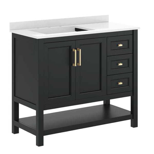 English Elm Vega Bathroom Vanity with Carrara Marble Sink, Soft-Close Storage, and Elegant Open Shelf Design Black Frame/Gold Hardware 42" FS-VEGA42-BK-HDGLD-GG
