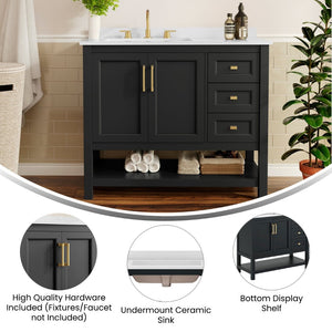 English Elm Vega Bathroom Vanity with Carrara Marble Sink, Soft-Close Storage, and Elegant Open Shelf Design Black Frame/Gold Hardware 42" FS-VEGA42-BK-HDGLD-GG