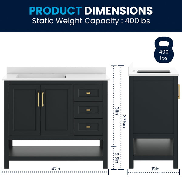 English Elm Vega Bathroom Vanity with Carrara Marble Sink, Soft-Close Storage, and Elegant Open Shelf Design Black Frame/Gold Hardware 42" FS-VEGA42-BK-HDGLD-GG