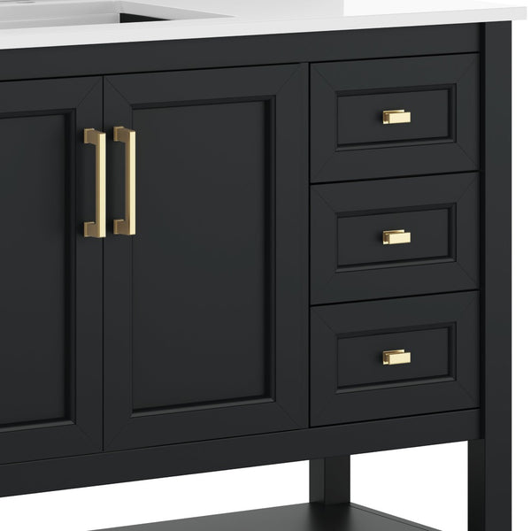 English Elm Vega Bathroom Vanity with Carrara Marble Sink, Soft-Close Storage, and Elegant Open Shelf Design Black Frame/Gold Hardware 42" FS-VEGA42-BK-HDGLD-GG