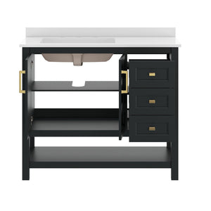 English Elm Vega Bathroom Vanity with Carrara Marble Sink, Soft-Close Storage, and Elegant Open Shelf Design Black Frame/Gold Hardware 42" FS-VEGA42-BK-HDGLD-GG