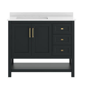 English Elm Vega Bathroom Vanity with Carrara Marble Sink, Soft-Close Storage, and Elegant Open Shelf Design Black Frame/Gold Hardware 42" FS-VEGA42-BK-HDGLD-GG
