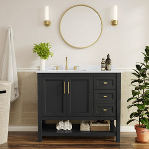 English Elm Vega Bathroom Vanity with Carrara Marble Sink, Soft-Close Storage, and Elegant Open Shelf Design Black Frame/Gold Hardware 42" FS-VEGA42-BK-HDGLD-GG