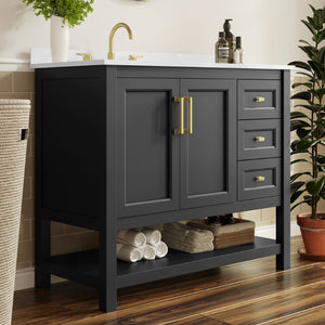 English Elm Vega Bathroom Vanity with Carrara Marble Sink, Soft-Close Storage, and Elegant Open Shelf Design Black Frame/Gold Hardware 42" FS-VEGA42-BK-HDGLD-GG