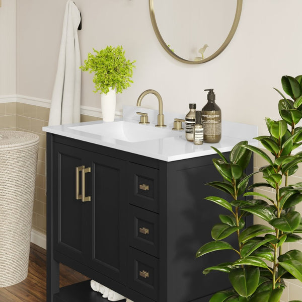 English Elm Vega Bathroom Vanity with Carrara Marble Sink, Soft-Close Storage, and Elegant Open Shelf Design Black Frame/Gold Hardware 42" FS-VEGA42-BK-HDGLD-GG