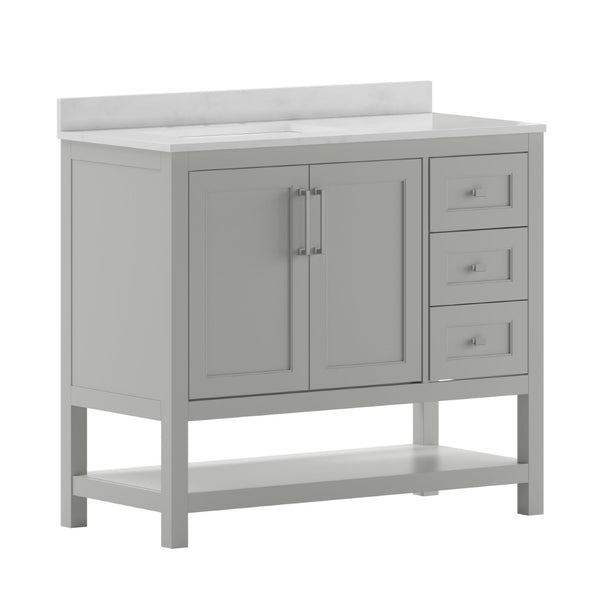 English Elm Vega Bathroom Vanity with Carrara Marble Sink, Soft-Close Storage, and Elegant Open Shelf Design Gray 42" FS-VEGA42-GY-GG