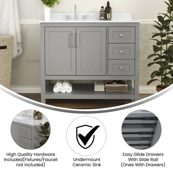 English Elm Vega Bathroom Vanity with Carrara Marble Sink, Soft-Close Storage, and Elegant Open Shelf Design Gray 42" FS-VEGA42-GY-GG