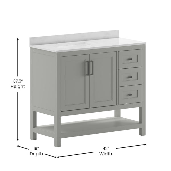 English Elm Vega Bathroom Vanity with Carrara Marble Sink, Soft-Close Storage, and Elegant Open Shelf Design Gray 42" FS-VEGA42-GY-GG