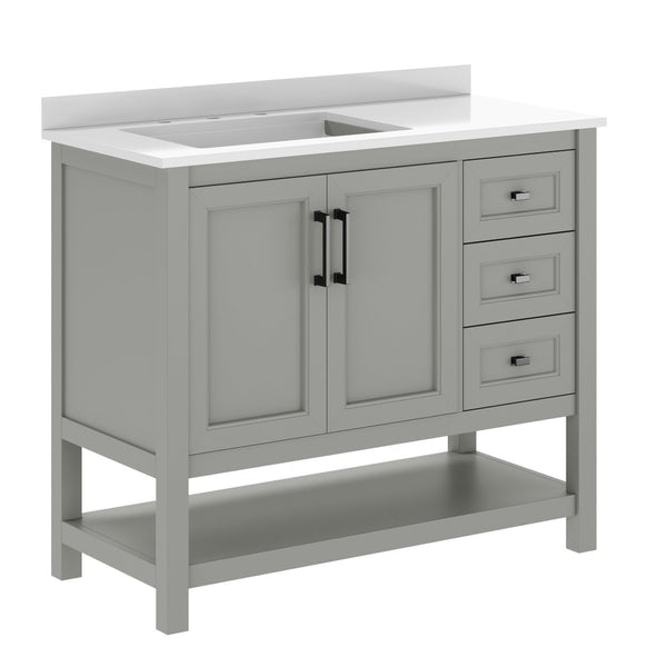 English Elm Vega Bathroom Vanity with Carrara Marble Sink, Soft-Close Storage, and Elegant Open Shelf Design Gray Frame/Black Hardware 42" FS-VEGA42-GY-HDBLK-GG