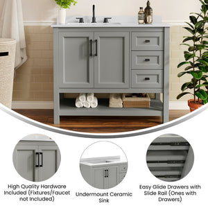 English Elm Vega Bathroom Vanity with Carrara Marble Sink, Soft-Close Storage, and Elegant Open Shelf Design Gray Frame/Black Hardware 42" FS-VEGA42-GY-HDBLK-GG