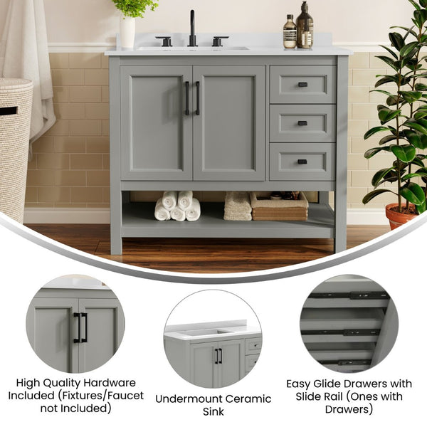 English Elm Vega Bathroom Vanity with Carrara Marble Sink, Soft-Close Storage, and Elegant Open Shelf Design Gray Frame/Black Hardware 42" FS-VEGA42-GY-HDBLK-GG