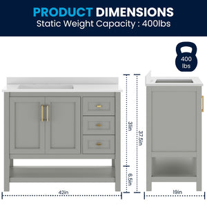 English Elm Vega Bathroom Vanity with Carrara Marble Sink, Soft-Close Storage, and Elegant Open Shelf Design Gray Frame/Black Hardware 42" FS-VEGA42-GY-HDBLK-GG