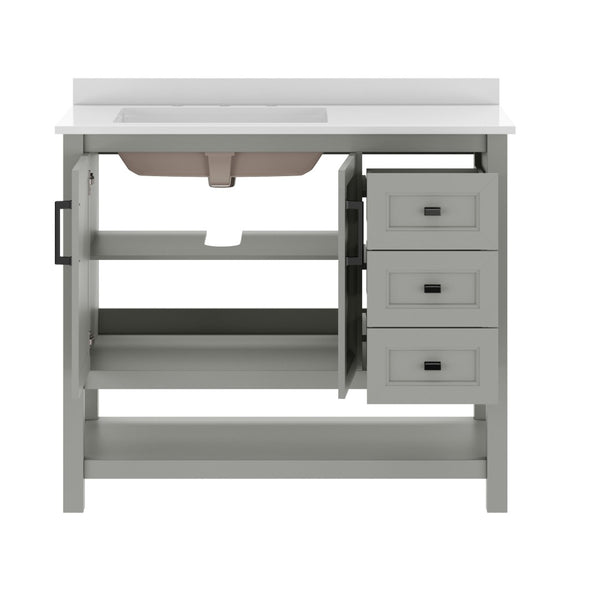 English Elm Vega Bathroom Vanity with Carrara Marble Sink, Soft-Close Storage, and Elegant Open Shelf Design Gray Frame/Black Hardware 42" FS-VEGA42-GY-HDBLK-GG