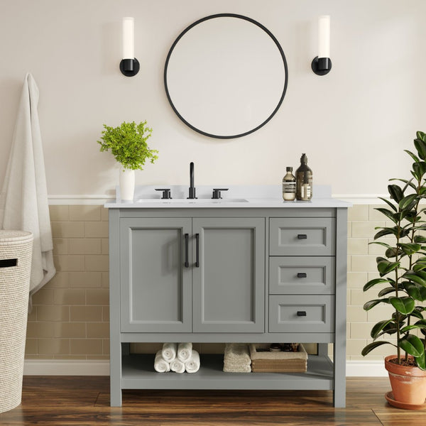 English Elm Vega Bathroom Vanity with Carrara Marble Sink, Soft-Close Storage, and Elegant Open Shelf Design Gray Frame/Black Hardware 42" FS-VEGA42-GY-HDBLK-GG