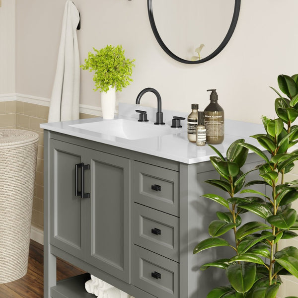English Elm Vega Bathroom Vanity with Carrara Marble Sink, Soft-Close Storage, and Elegant Open Shelf Design Gray Frame/Black Hardware 42" FS-VEGA42-GY-HDBLK-GG