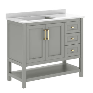 English Elm Vega Bathroom Vanity with Carrara Marble Sink, Soft-Close Storage, and Elegant Open Shelf Design Gray Frame/Gold Hardware 42" FS-VEGA42-GY-HDGLD-GG