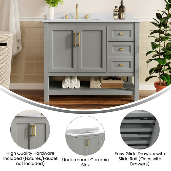 English Elm Vega Bathroom Vanity with Carrara Marble Sink, Soft-Close Storage, and Elegant Open Shelf Design Gray Frame/Gold Hardware 42" FS-VEGA42-GY-HDGLD-GG