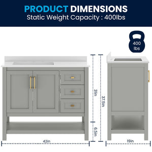 English Elm Vega Bathroom Vanity with Carrara Marble Sink, Soft-Close Storage, and Elegant Open Shelf Design Gray Frame/Gold Hardware 42" FS-VEGA42-GY-HDGLD-GG
