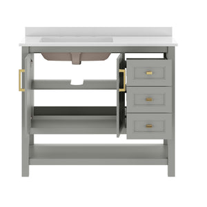 English Elm Vega Bathroom Vanity with Carrara Marble Sink, Soft-Close Storage, and Elegant Open Shelf Design Gray Frame/Gold Hardware 42" FS-VEGA42-GY-HDGLD-GG