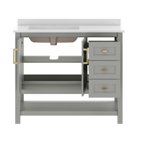 English Elm Vega Bathroom Vanity with Carrara Marble Sink, Soft-Close Storage, and Elegant Open Shelf Design Gray Frame/Gold Hardware 42" FS-VEGA42-GY-HDGLD-GG
