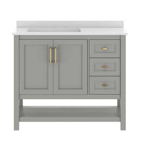 English Elm Vega Bathroom Vanity with Carrara Marble Sink, Soft-Close Storage, and Elegant Open Shelf Design Gray Frame/Gold Hardware 42" FS-VEGA42-GY-HDGLD-GG