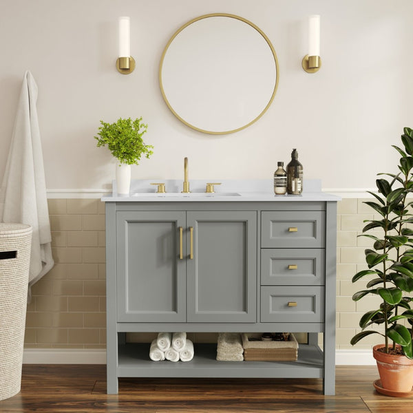 English Elm Vega Bathroom Vanity with Carrara Marble Sink, Soft-Close Storage, and Elegant Open Shelf Design Gray Frame/Gold Hardware 42" FS-VEGA42-GY-HDGLD-GG