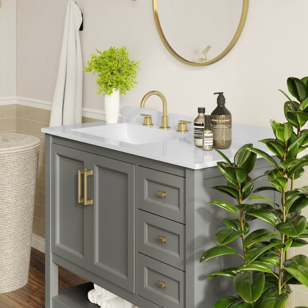 English Elm Vega Bathroom Vanity with Carrara Marble Sink, Soft-Close Storage, and Elegant Open Shelf Design Gray Frame/Gold Hardware 42" FS-VEGA42-GY-HDGLD-GG