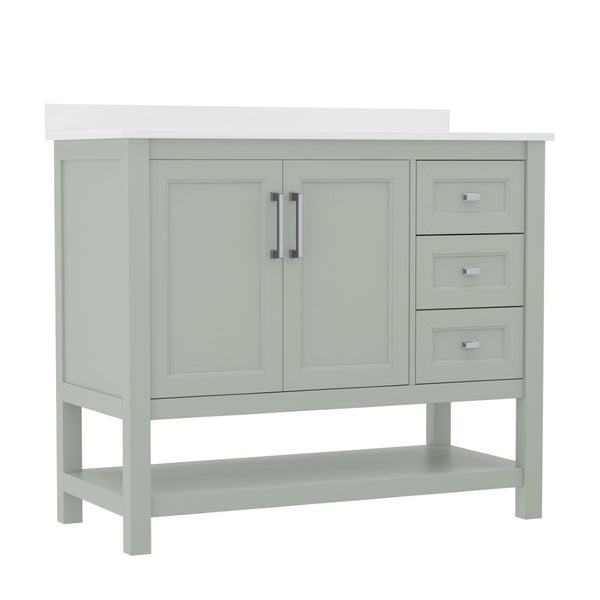 English Elm Vega Bathroom Vanity with Carrara Marble Sink, Soft-Close Storage, and Elegant Open Shelf Design Sage Frame/Nickel Hardware 42" FS-VEGA42-SG-GG