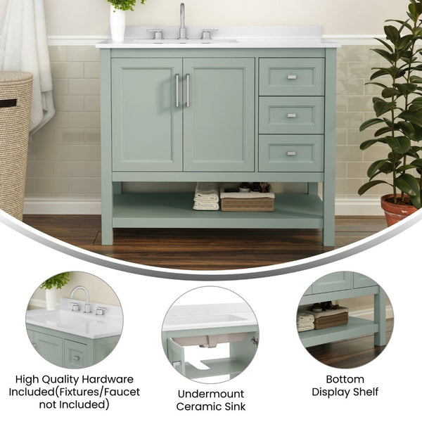 English Elm Vega Bathroom Vanity with Carrara Marble Sink, Soft-Close Storage, and Elegant Open Shelf Design Sage Frame/Nickel Hardware 42" FS-VEGA42-SG-GG