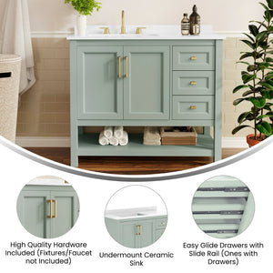 English Elm Vega Bathroom Vanity with Carrara Marble Sink, Soft-Close Storage, and Elegant Open Shelf Design Sage Frame/Gold Hardware 42" FS-VEGA42-SG-HDGLD-GG