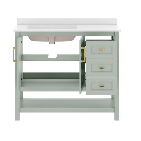 English Elm Vega Bathroom Vanity with Carrara Marble Sink, Soft-Close Storage, and Elegant Open Shelf Design Sage Frame/Gold Hardware 42" FS-VEGA42-SG-HDGLD-GG