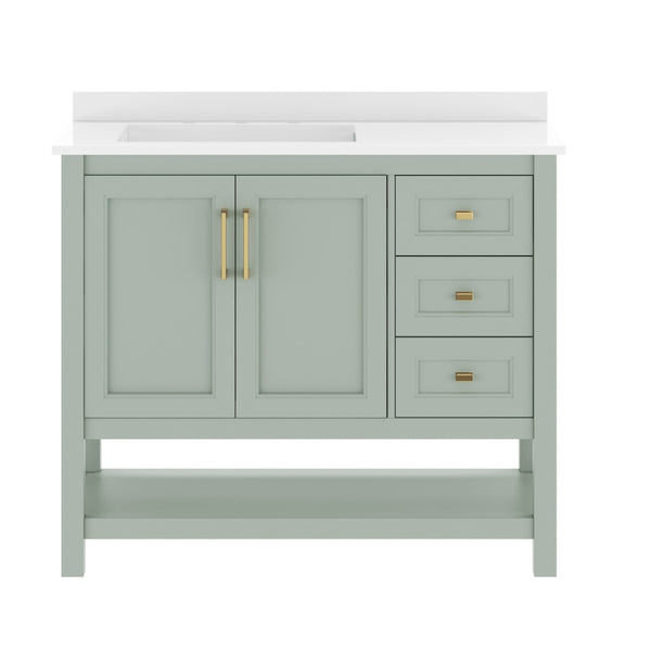 English Elm Vega Bathroom Vanity with Carrara Marble Sink, Soft-Close Storage, and Elegant Open Shelf Design Sage Frame/Gold Hardware 42" FS-VEGA42-SG-HDGLD-GG