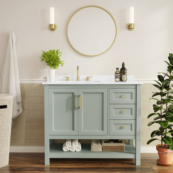 English Elm Vega Bathroom Vanity with Carrara Marble Sink, Soft-Close Storage, and Elegant Open Shelf Design Sage Frame/Gold Hardware 42" FS-VEGA42-SG-HDGLD-GG