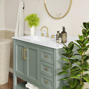 English Elm Vega Bathroom Vanity with Carrara Marble Sink, Soft-Close Storage, and Elegant Open Shelf Design Sage Frame/Gold Hardware 42" FS-VEGA42-SG-HDGLD-GG