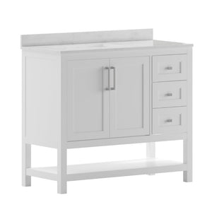 English Elm Vega Bathroom Vanity with Carrara Marble Sink, Soft-Close Storage, and Elegant Open Shelf Design White 42" FS-VEGA42-WH-GG