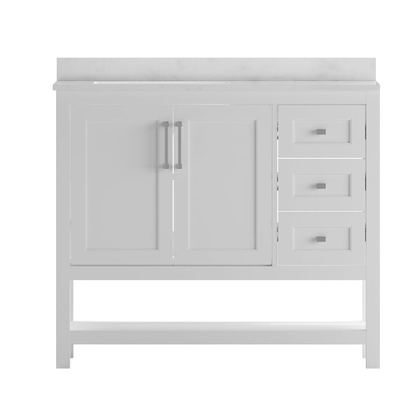 English Elm Vega Bathroom Vanity with Carrara Marble Sink, Soft-Close Storage, and Elegant Open Shelf Design White 42" FS-VEGA42-WH-GG