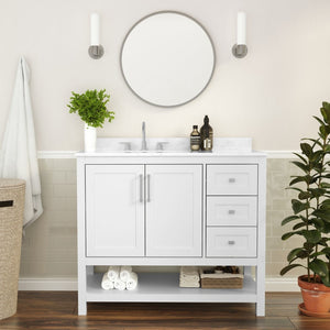 English Elm Vega Bathroom Vanity with Carrara Marble Sink, Soft-Close Storage, and Elegant Open Shelf Design White 42" FS-VEGA42-WH-GG