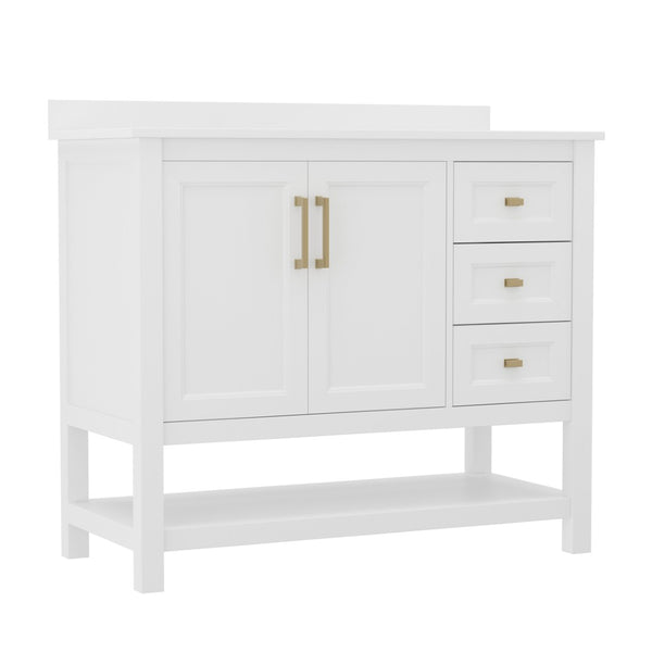 English Elm Vega Bathroom Vanity with Carrara Marble Sink, Soft-Close Storage, and Elegant Open Shelf Design White Frame/Gold Hardware 42" FS-VEGA42-WH-GLD-GG