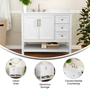 English Elm Vega Bathroom Vanity with Carrara Marble Sink, Soft-Close Storage, and Elegant Open Shelf Design White Frame/Gold Hardware 42" FS-VEGA42-WH-GLD-GG